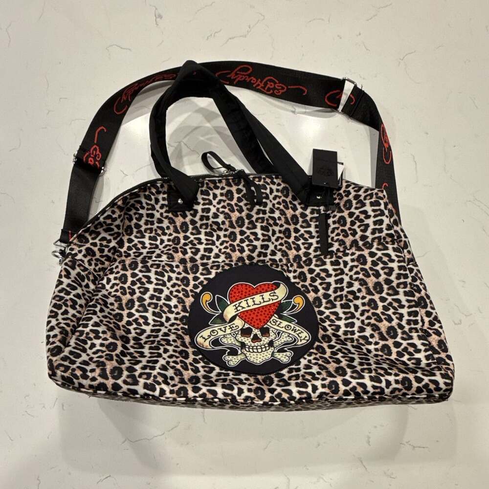 Ed Hardy Brown Leopard Print Duffle Bag Women Skull Heart Travel Weekender